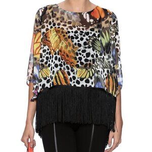 Ark & Co Animal Print Butterfly Top Fringes Sheer Chiffon Open Back Boho NWT